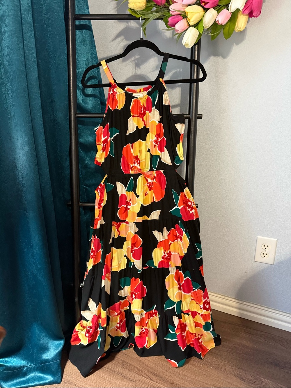 NEW! Maurices Beautiful Black Dress with Red & Yellow Floral Print - XL